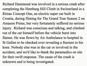 Grand Tour statement about Richard Hammond Car crash And knee fracture